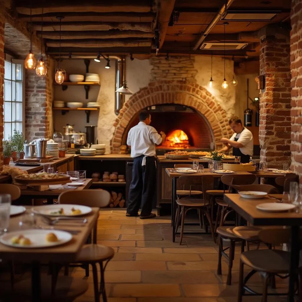 Interior de nuestra pizzería con horno de leña
